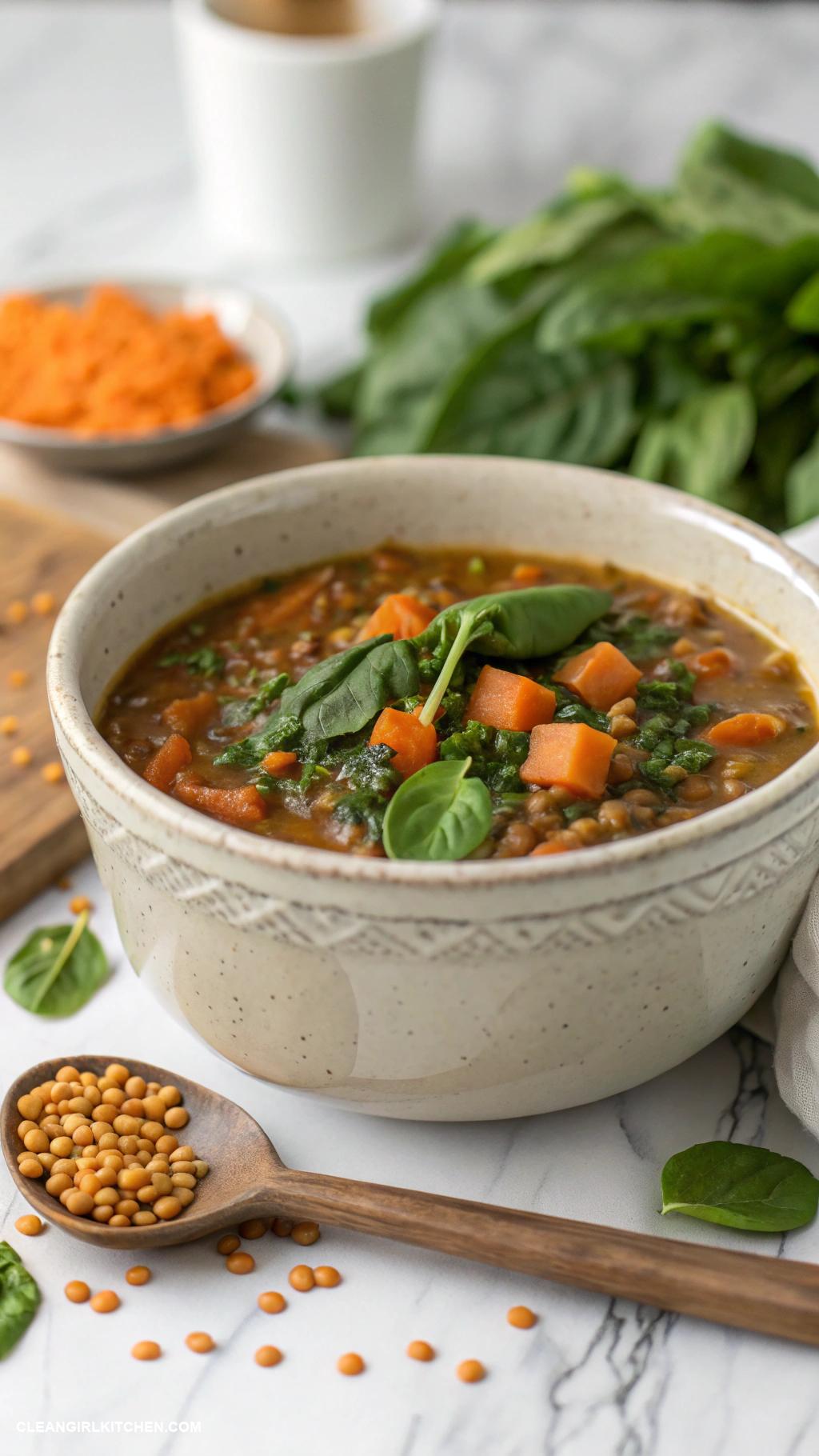 healthy easy recipes Lentil Soup with Spinach and Carrots