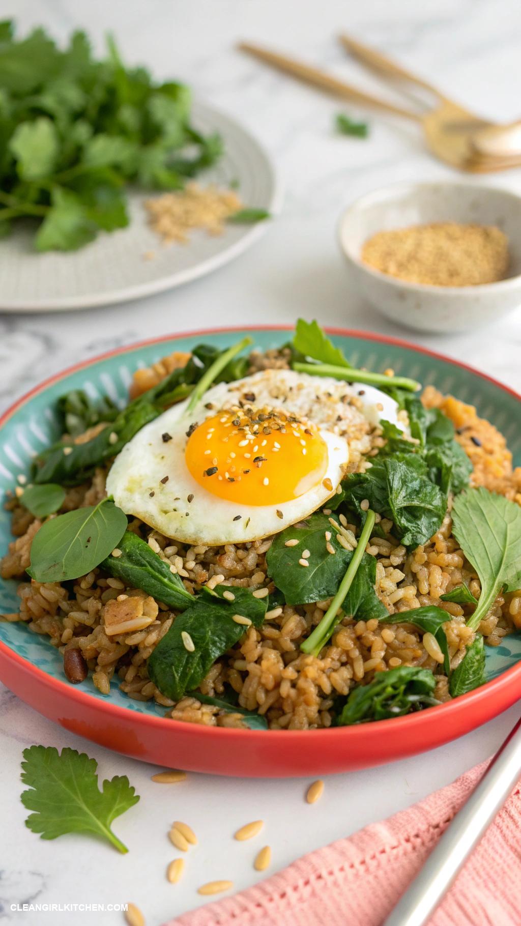 healthy fried brown rice recipes Egg and Spinach Fried Brown Rice
