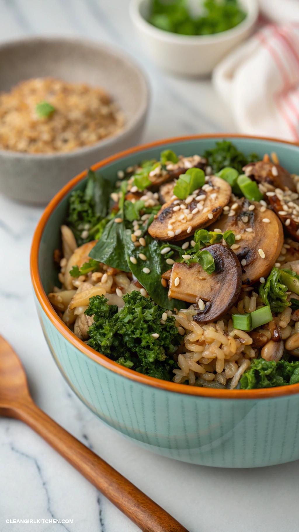 healthy fried brown rice recipes Mushroom and Kale Fried Brown Rice