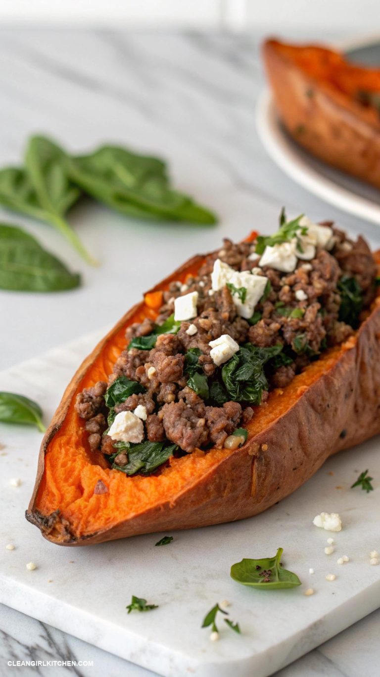 healthy ground beef recipes Ground Beef and Spinach Stuffed Sweet Potatoes