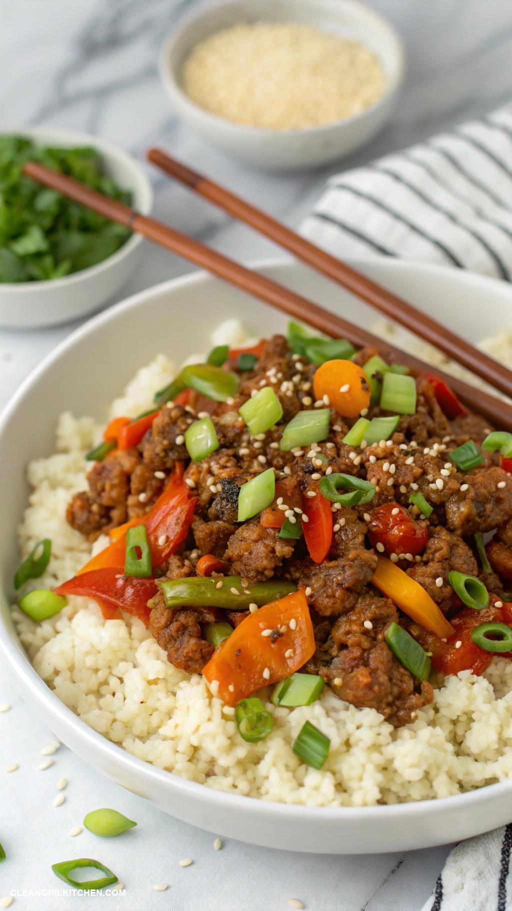 healthy ground beef recipes Spicy Ground Beef and Cauliflower Rice Stir Fry