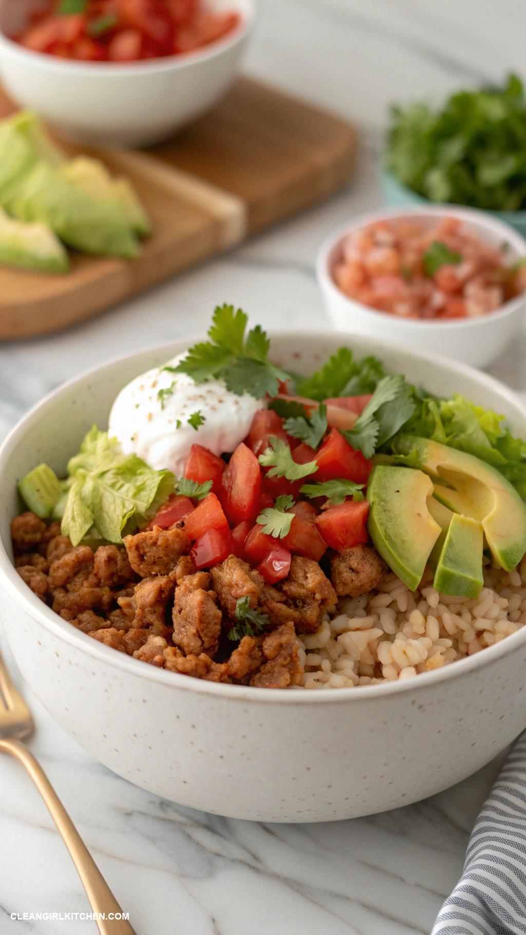 healthy ground chicken recipes Ground Chicken Taco Bowl with Brown Rice
