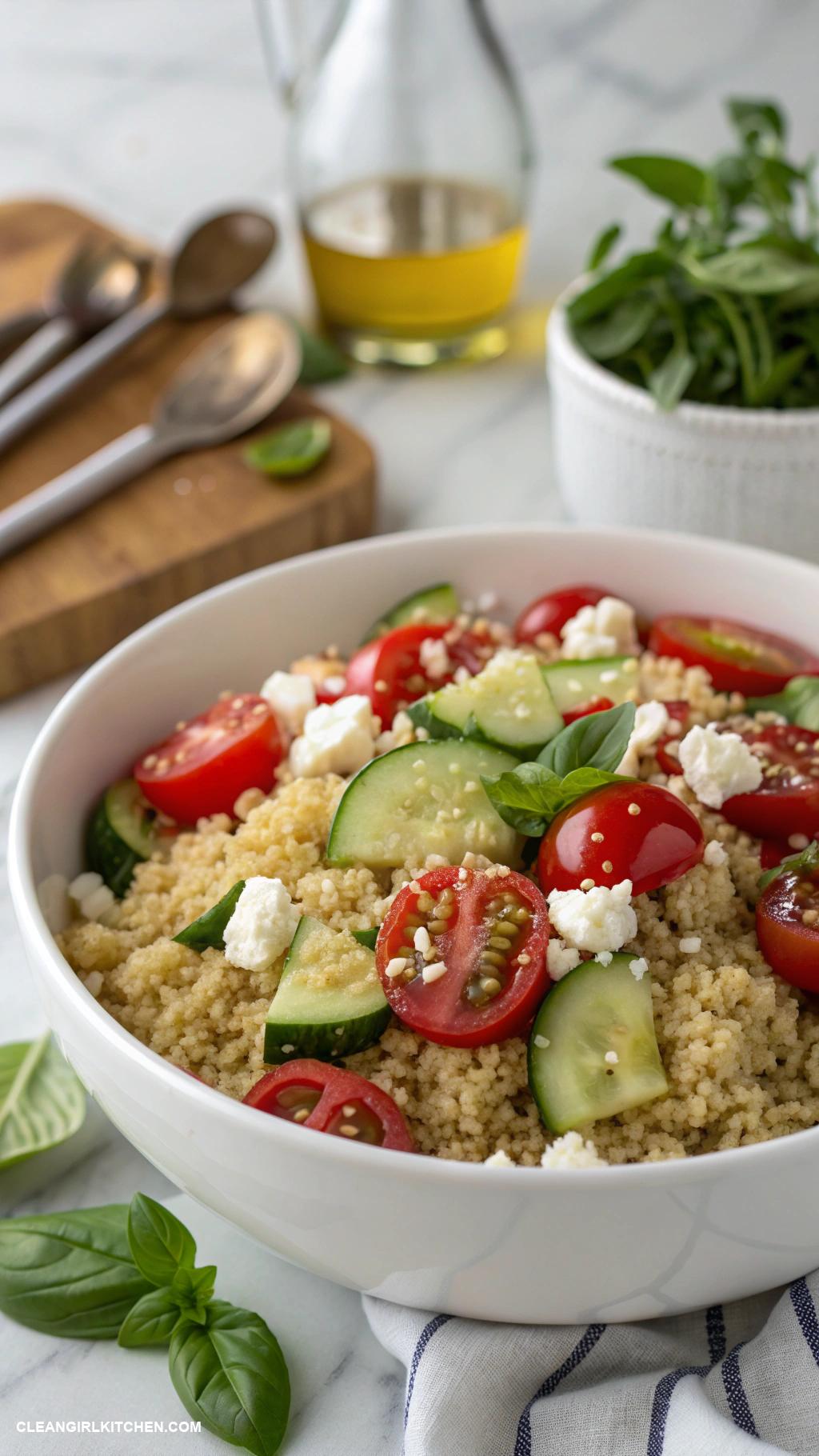 healthy lunch ideas for school Quinoa Salad with Cherry Tomatoes Cucumbers and Feta Cheese