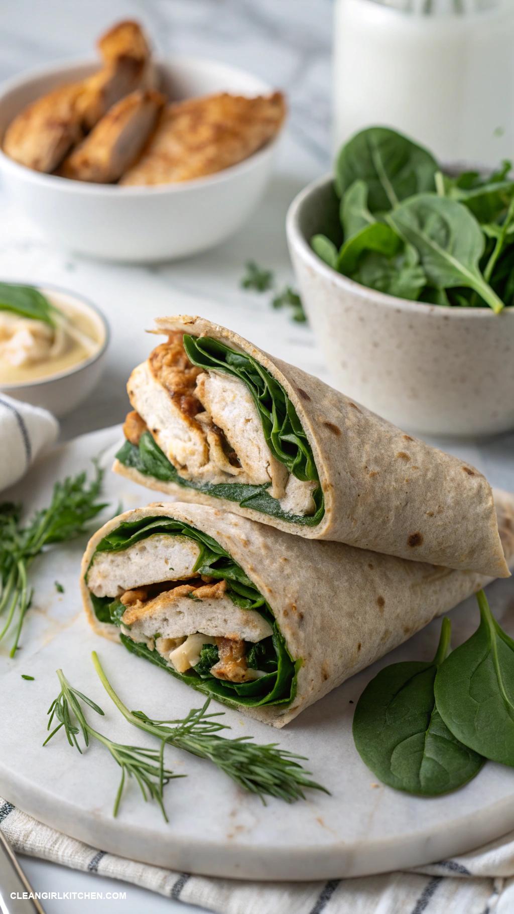 healthy lunch ideas for school Whole Wheat Wrap with Hummus Spinach and Grilled Chicken