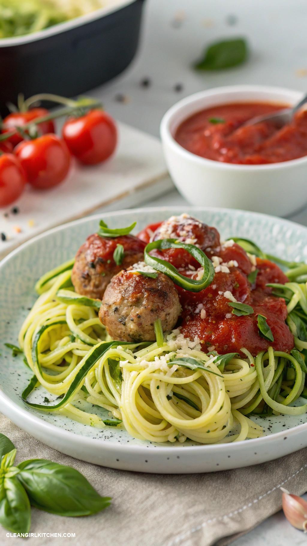 healthy lunch ideas for school Zucchini Noodles with Marinara Sauce and Lean Turkey Meatballs