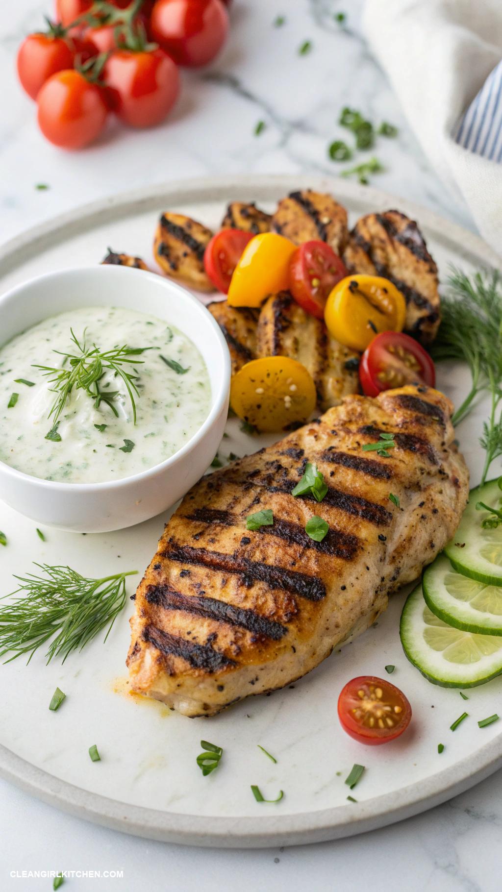 healthy mediterranean meals Grilled Lemon Herb Chicken with Tzatziki