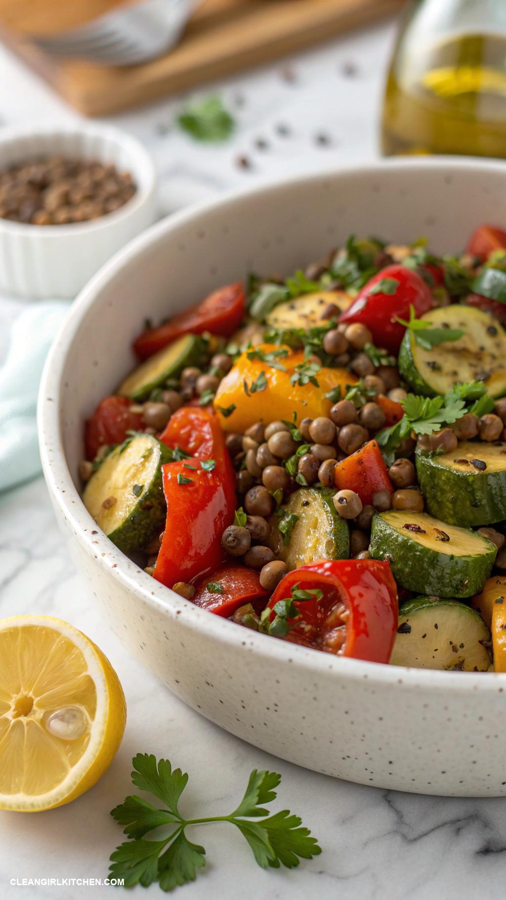 healthy mediterranean meals Lentil and Roasted Vegetable Salad
