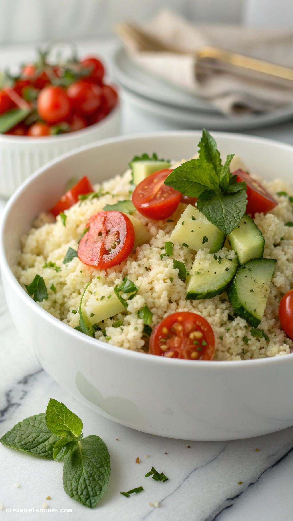 healthy mediterranean meals Mediterranean Cauliflower Rice with Cucumber and Tomatoes