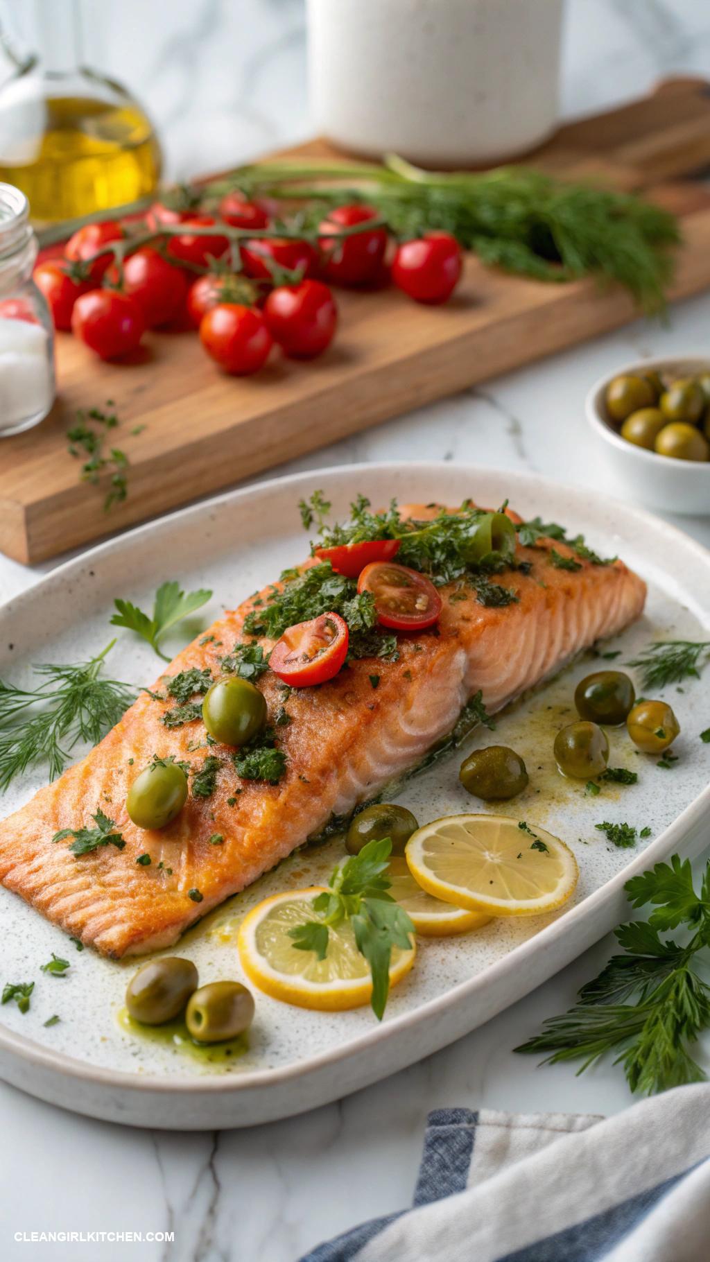 healthy mediterranean meals Roasted Salmon with Olives and Herbs