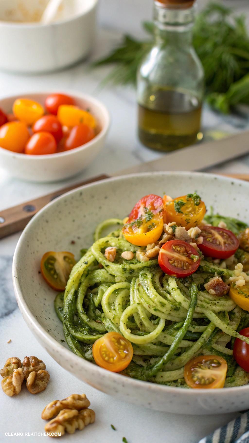 healthy mediterranean meals Zucchini Noodles with Pesto and Cherry Tomatoes