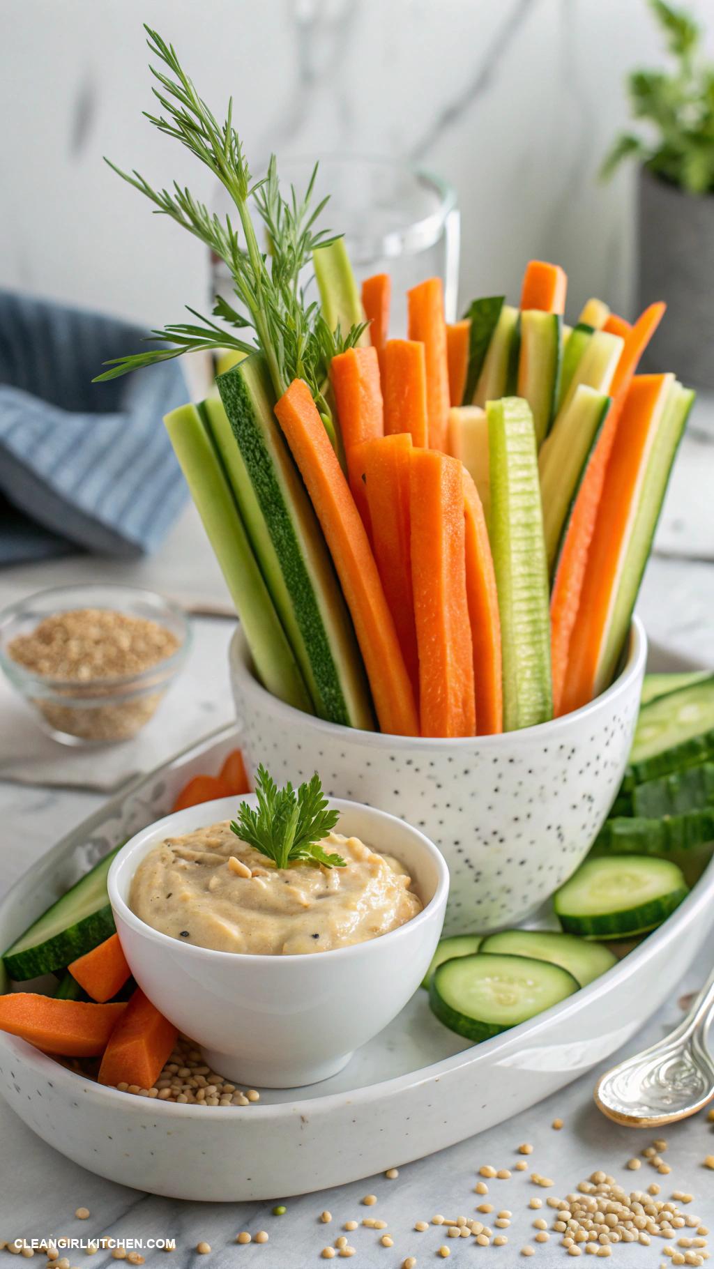 healthy munchies Fresh vegetable sticks carrots celery cucumber with hummus