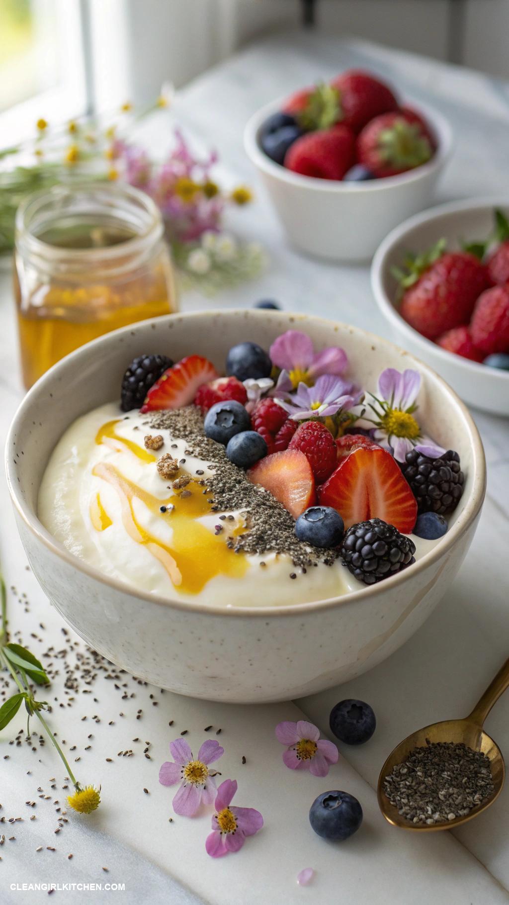 healthy munchies Greek yogurt with a drizzle of honey and mixed berries