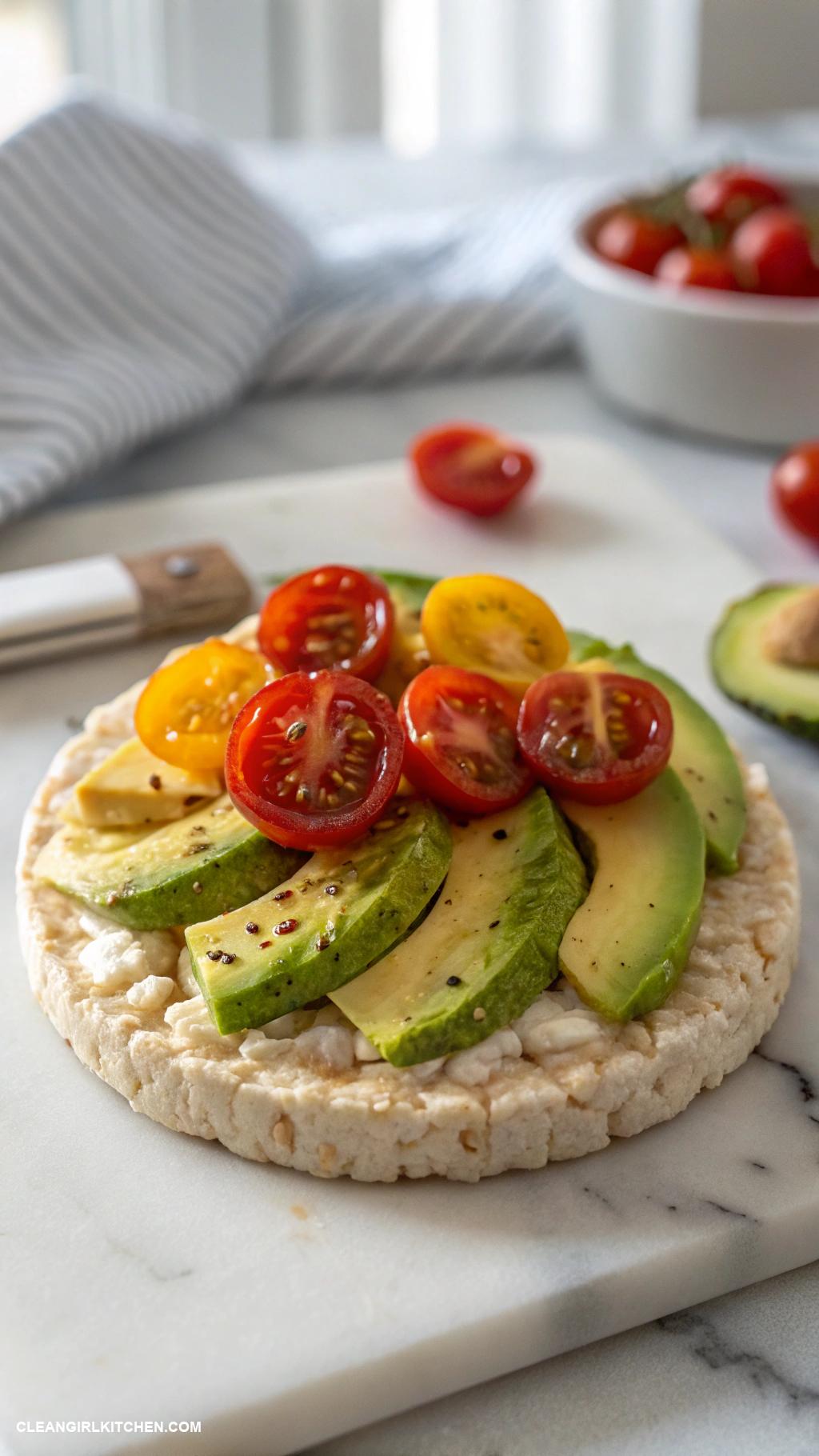 healthy munchies Rice cakes topped with avocado and cherry tomatoes