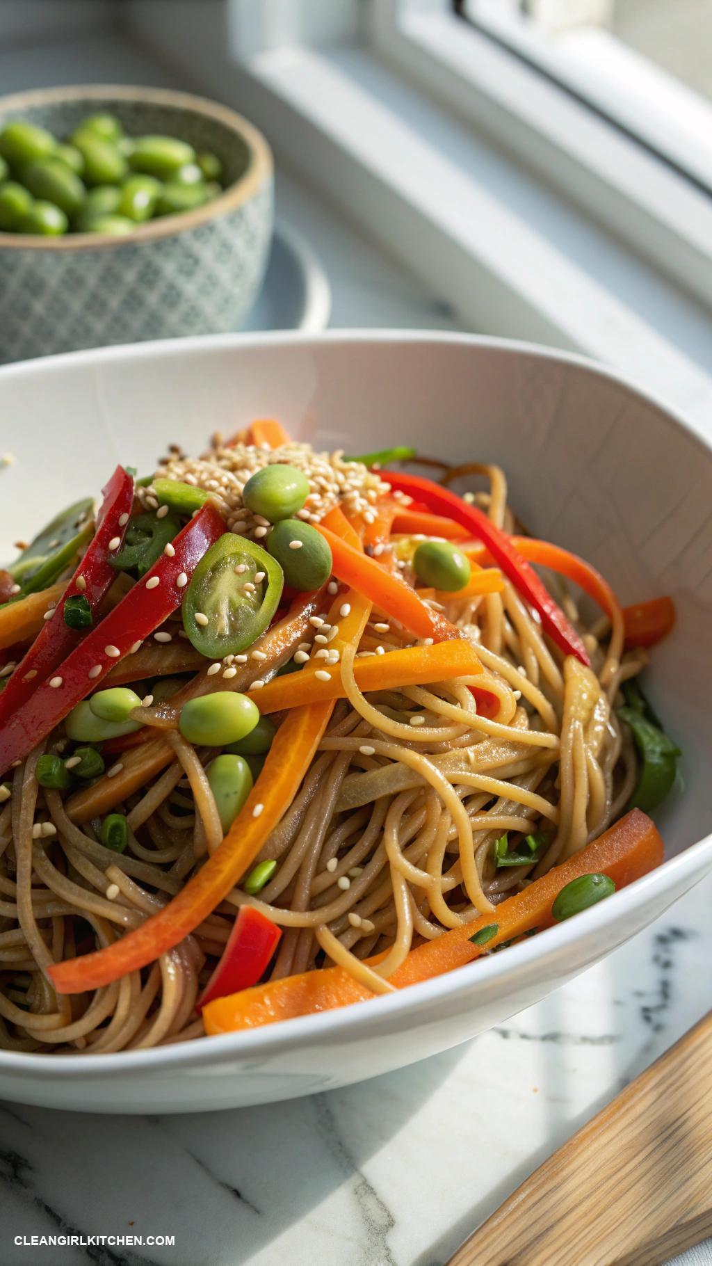 healthy pasta salad recipes Asian Sesame Noodle Salad Whole wheat spaghetti with shredded carrots bell peppers edamame and a sesame ginger dressing