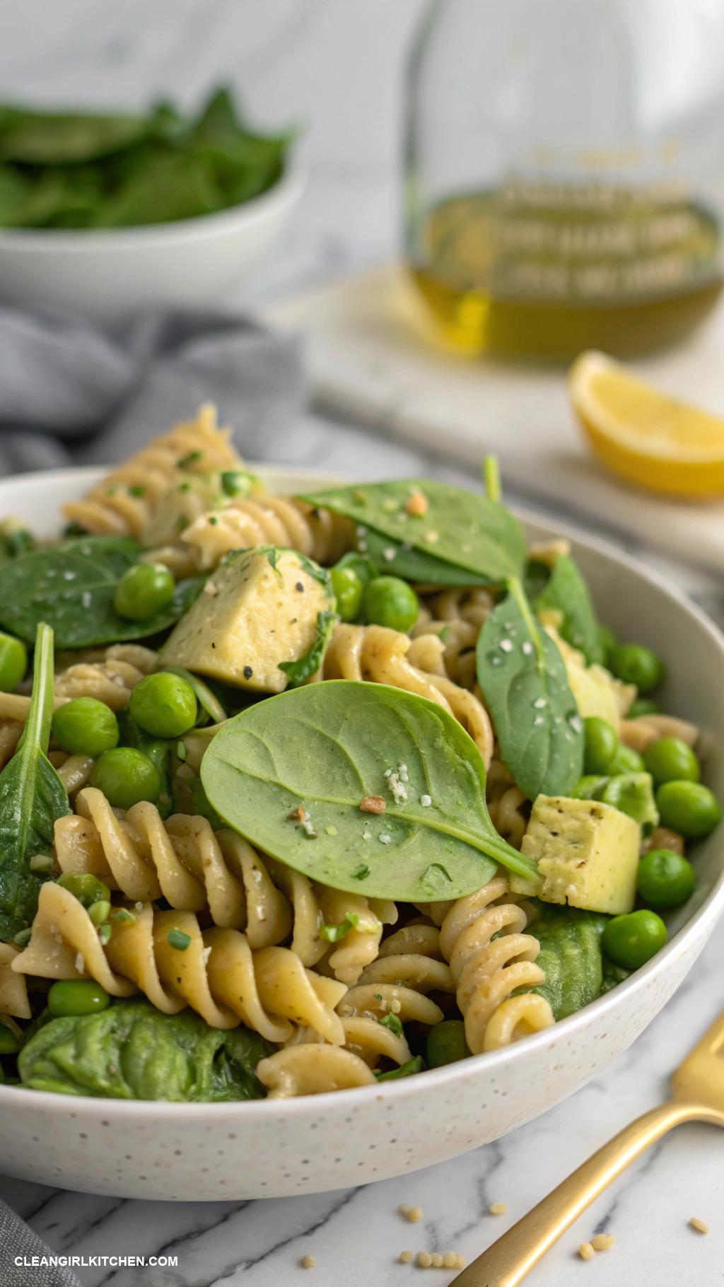 healthy pasta salad recipes Avocado and Spinach Pasta Salad Whole grain pasta ripe avocado spinach green peas and a garlic lemon dressing