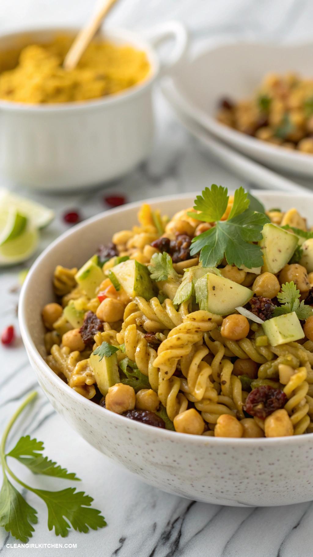 healthy pasta salad recipes Curried Pasta Salad Brown rice pasta chickpeas diced apple celery raisins and a curry yogurt dressing