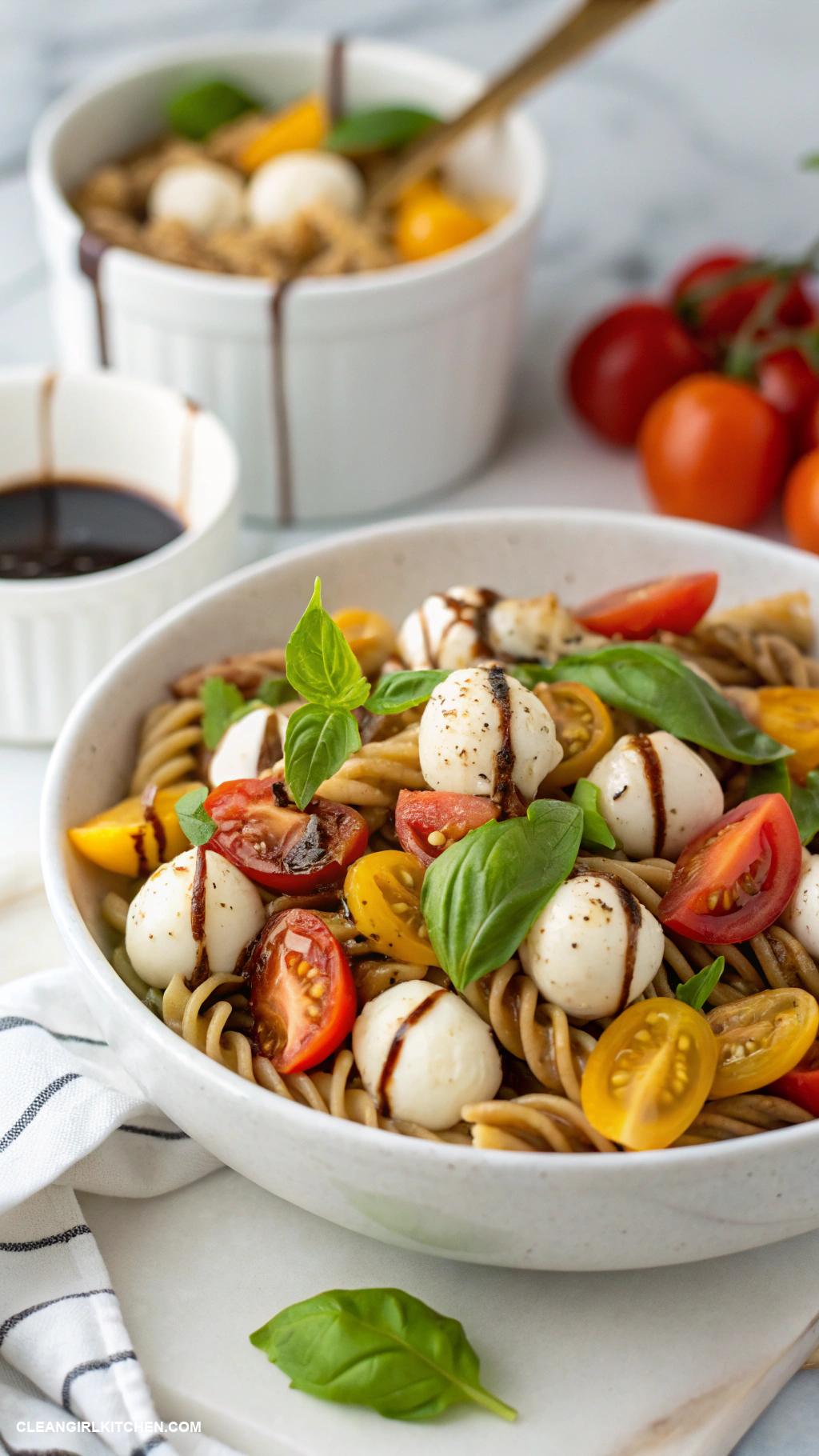 healthy pasta salad recipes Italian Caprese Pasta Salad Whole grain pasta fresh mozzarella basil and heirloom tomatoes drizzled with balsamic glaze