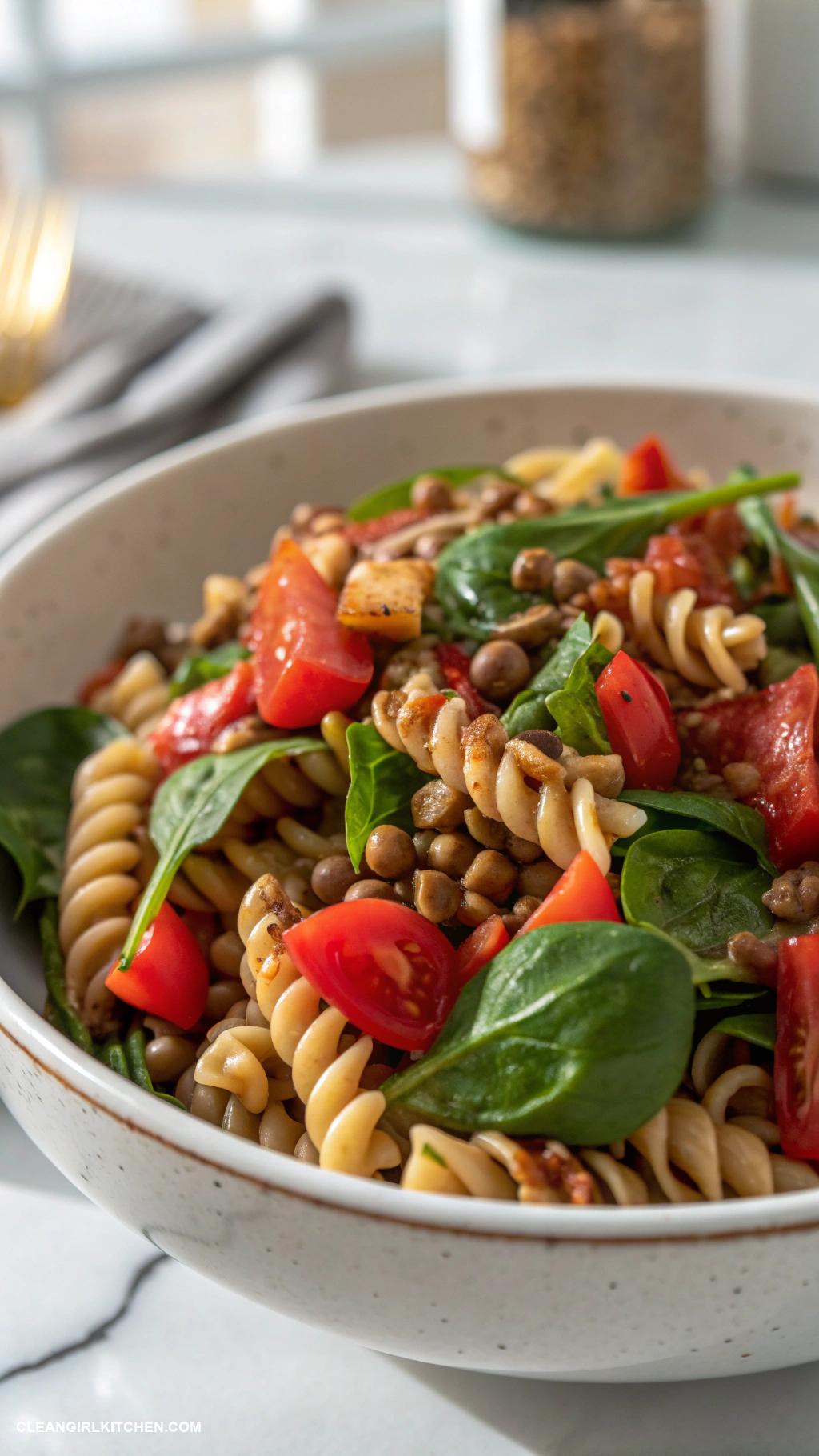 healthy pasta salad recipes Lentil and Pasta Salad Whole grain pasta with cooked lentils diced tomatoes spinach and a balsamic vinaigrette