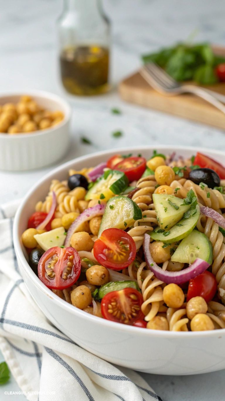 healthy pasta salad recipes Mediterranean Chickpea Pasta Salad Whole grain pasta chickpeas cherry tomatoes cucumber olives red onion and a lemon olive oil dressing