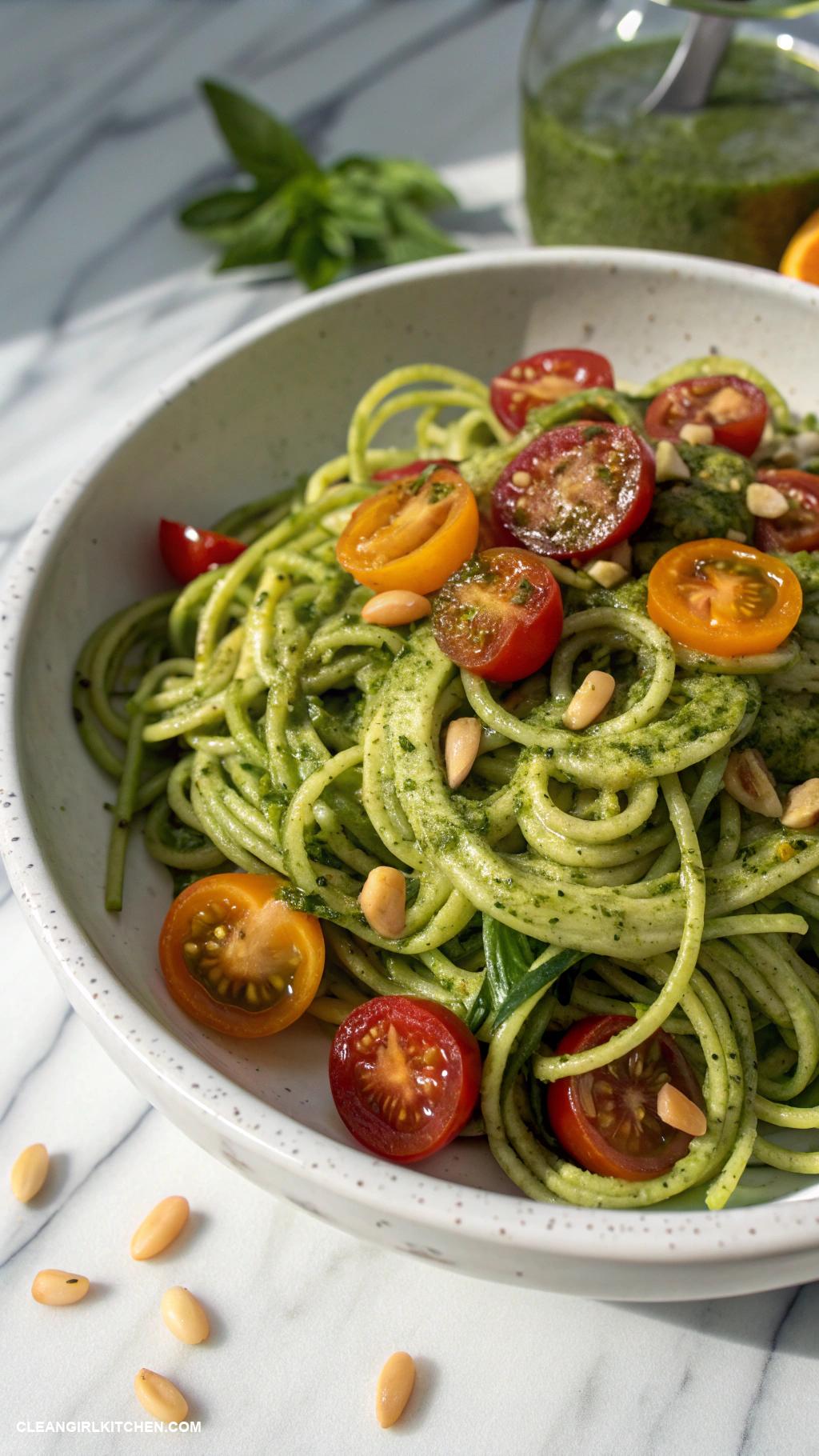 healthy pasta salad recipes Pesto Zucchini Noodle Salad Spiralized zucchini mixed with homemade basil pesto cherry tomatoes and pine nuts