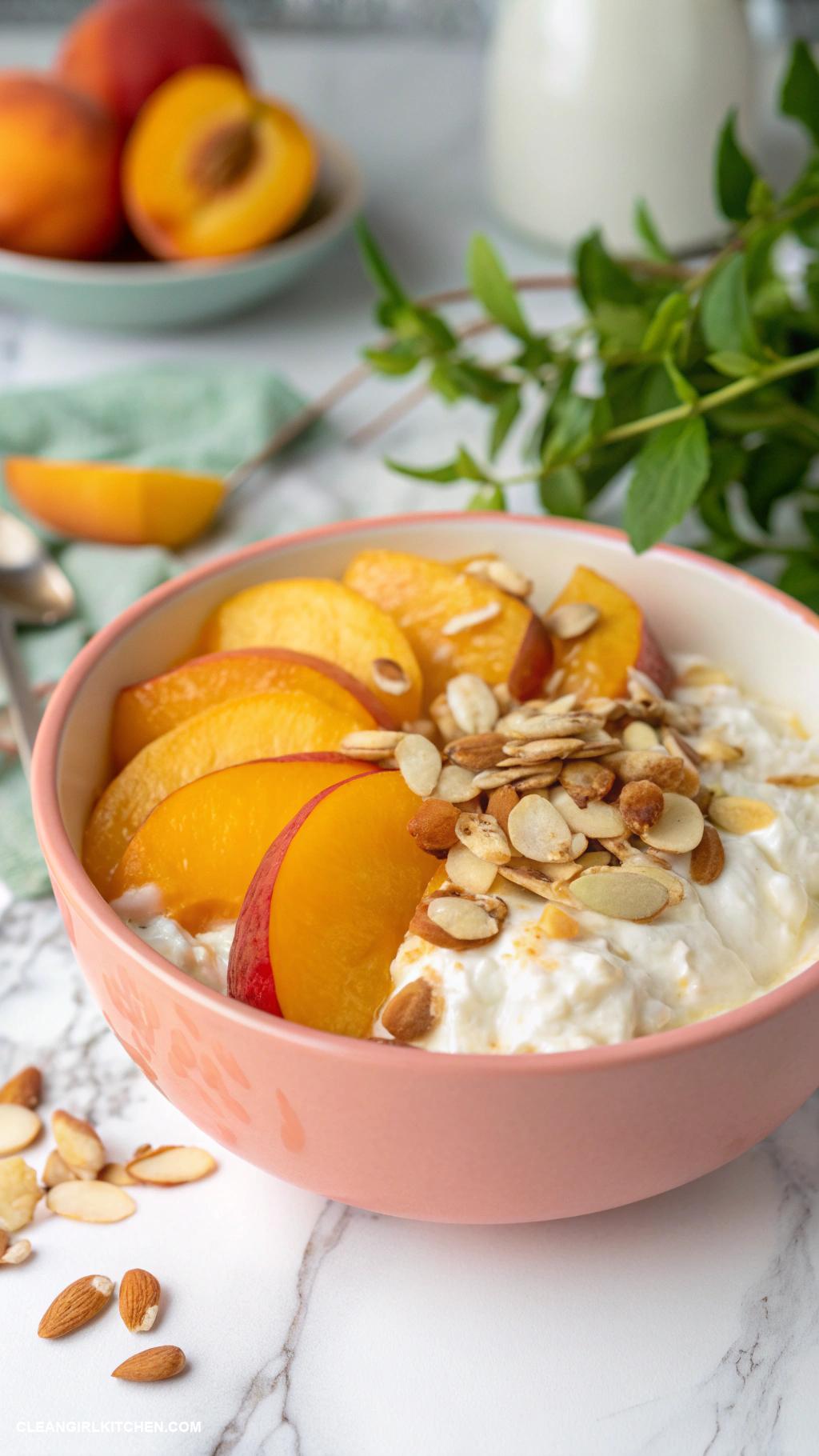 high protein low calorie meals Cottage Cheese with Sliced Peaches and Almonds