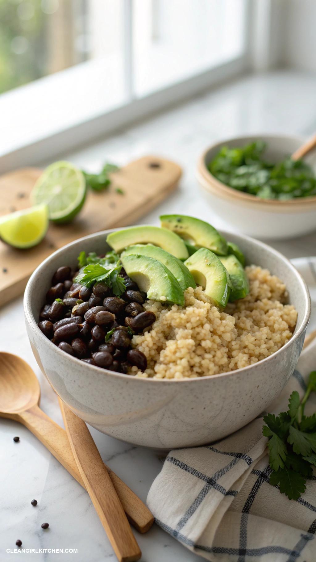 high protein low calorie meals Quinoa and Black Bean Bowl with Avocado