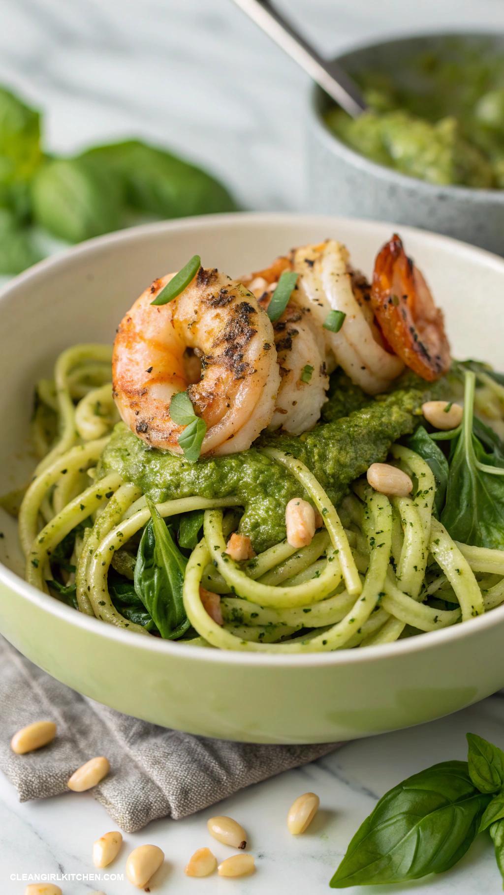 high protein low calorie meals Zucchini Noodles with Pesto and Grilled Shrimp