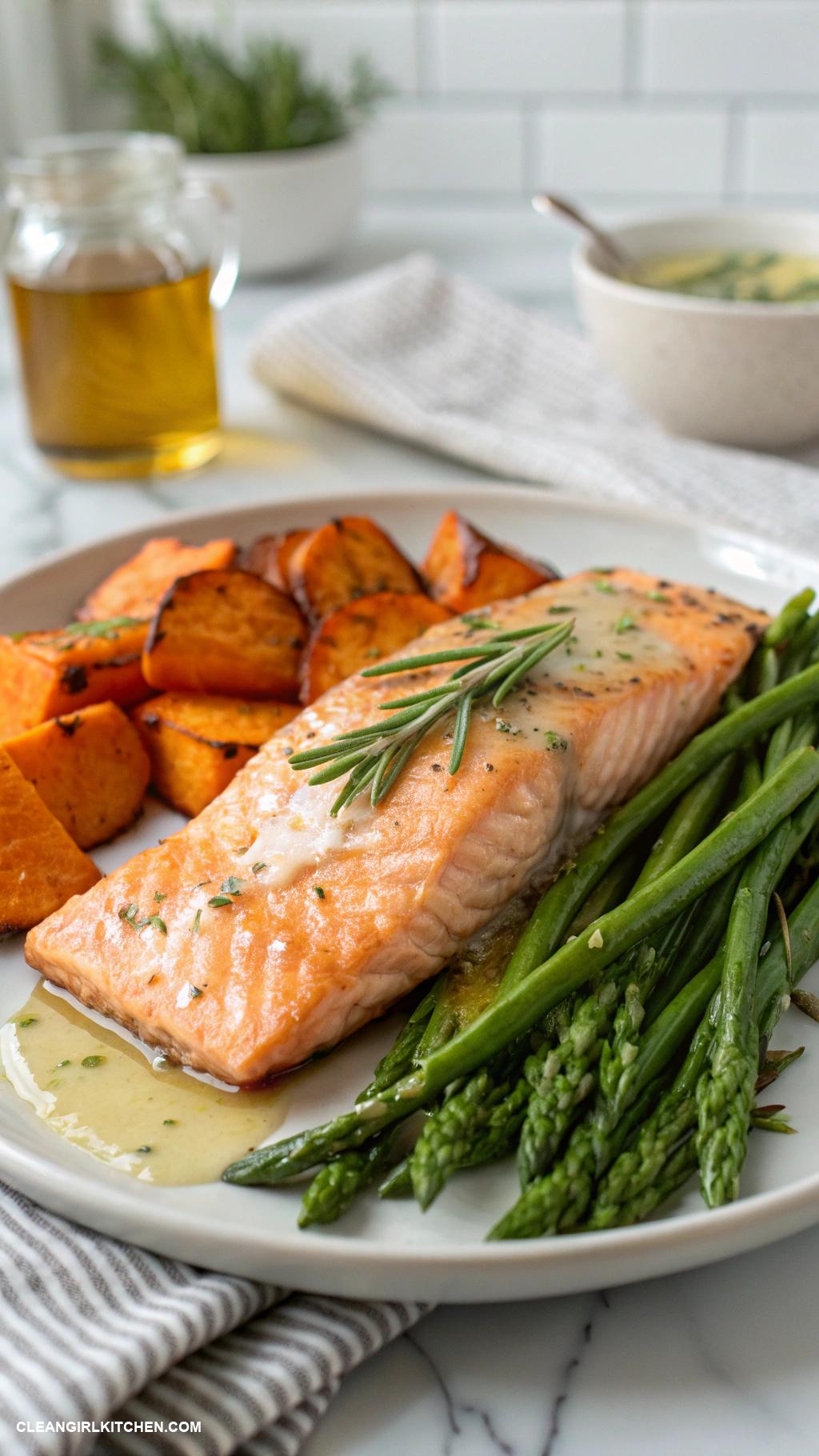 high protein lunch Baked salmon with asparagus and sweet potatoes