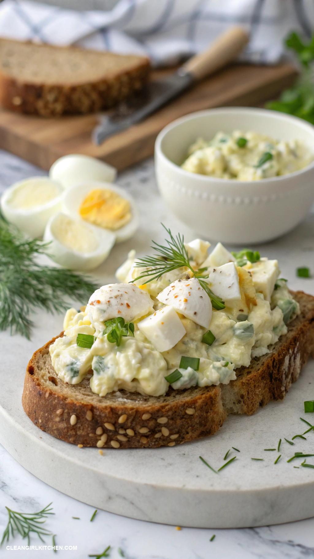 high protein lunch Egg salad made with Greek yogurt on whole grain bread