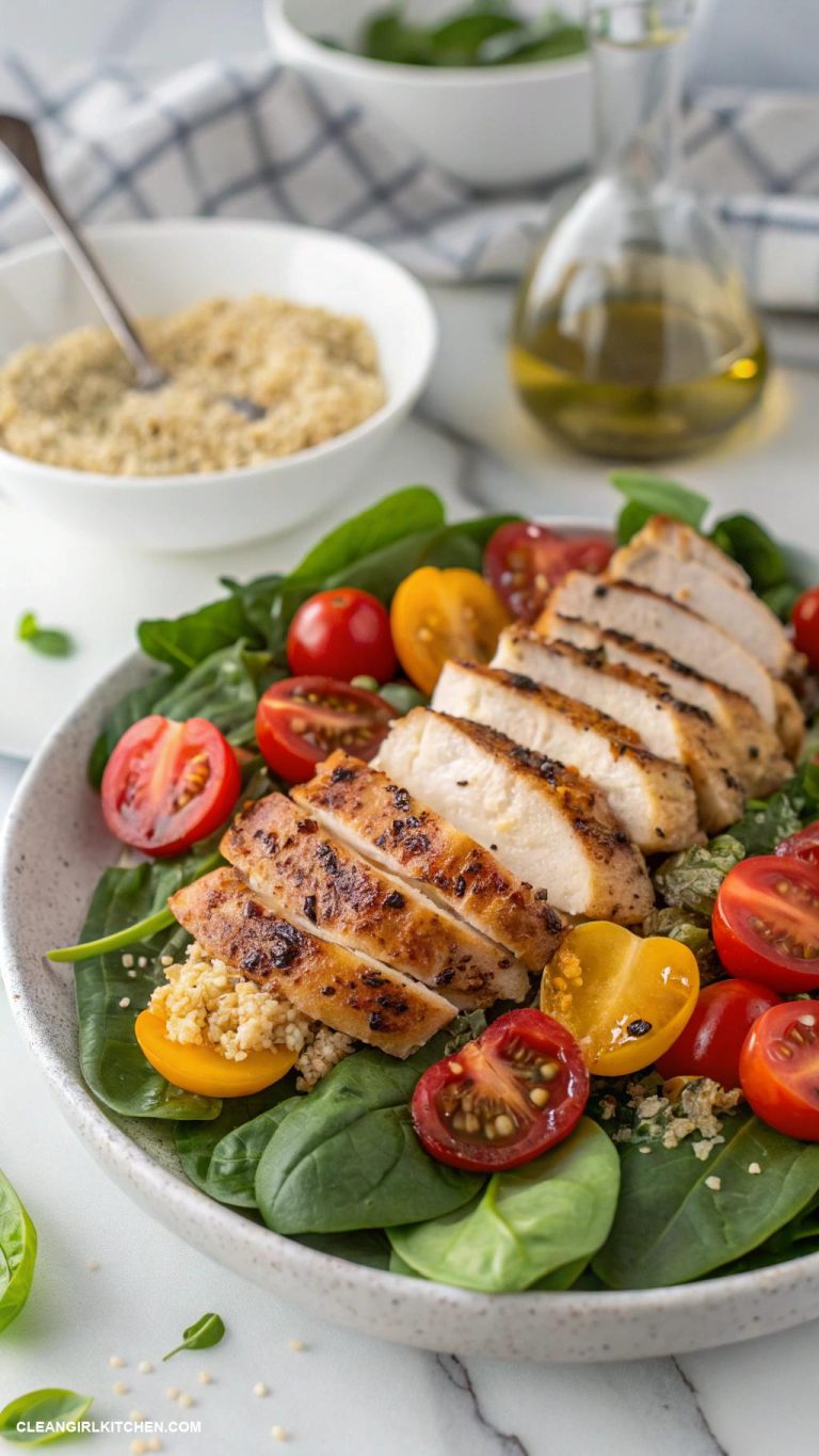 high protein lunch Grilled chicken salad with spinach cherry tomatoes and quinoa