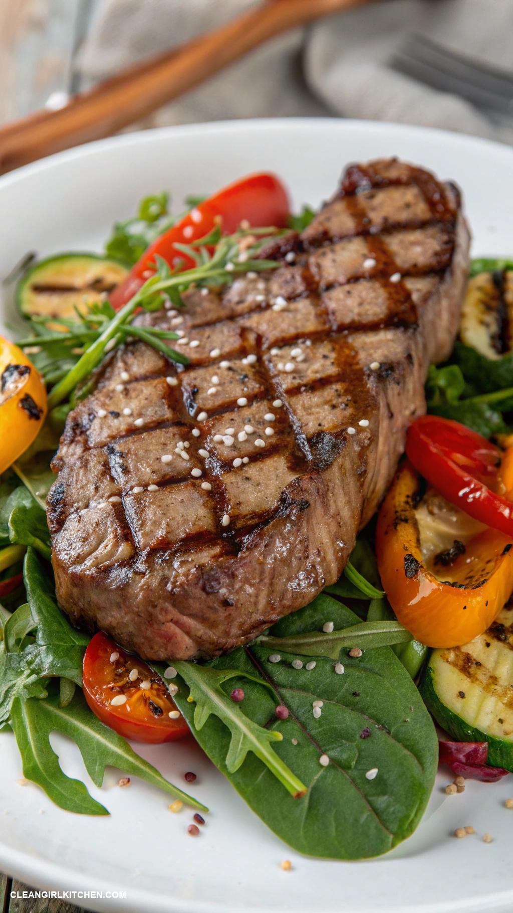 high protein lunch Grilled steak with mixed greens and roasted vegetables