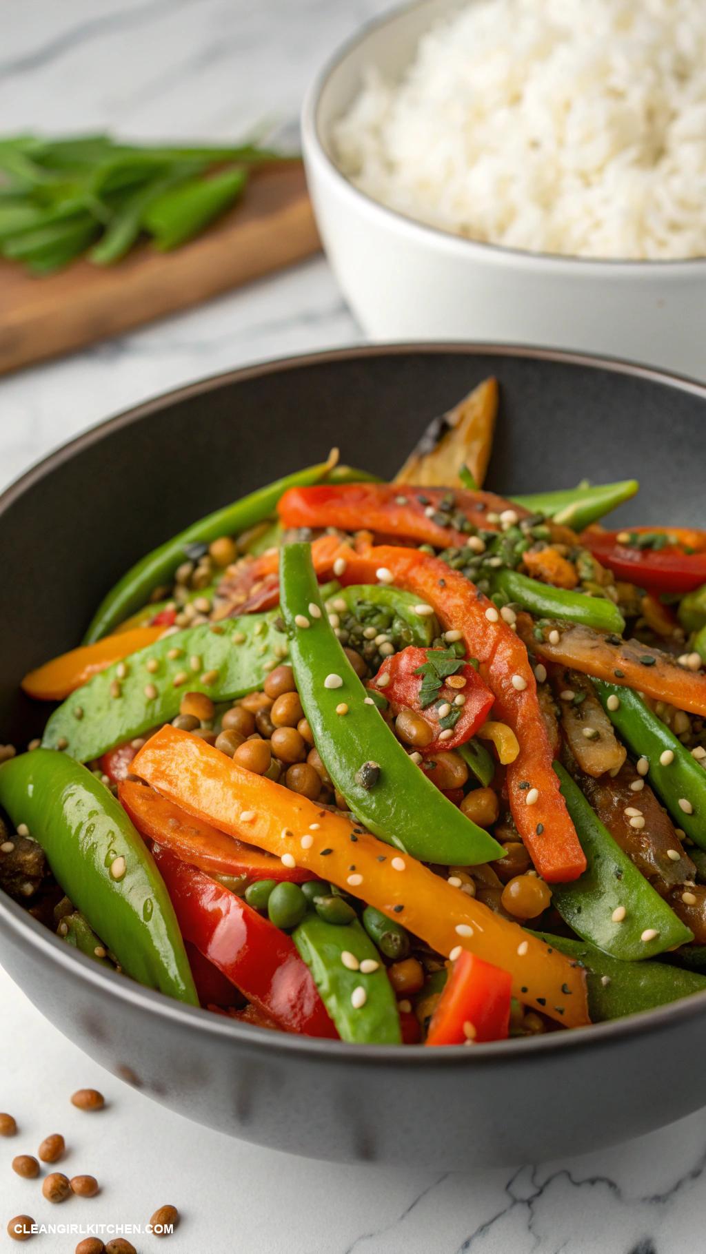 high protein lunch Lentil and vegetable stir fry with brown rice