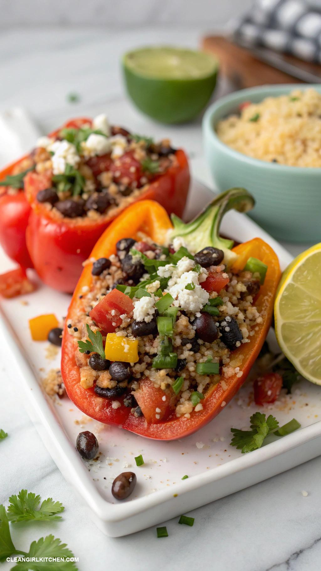 high protein lunch Quinoa and black bean stuffed peppers
