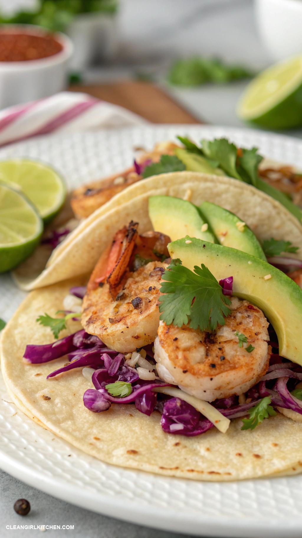 high protein lunch Shrimp tacos with cabbage slaw and avocado