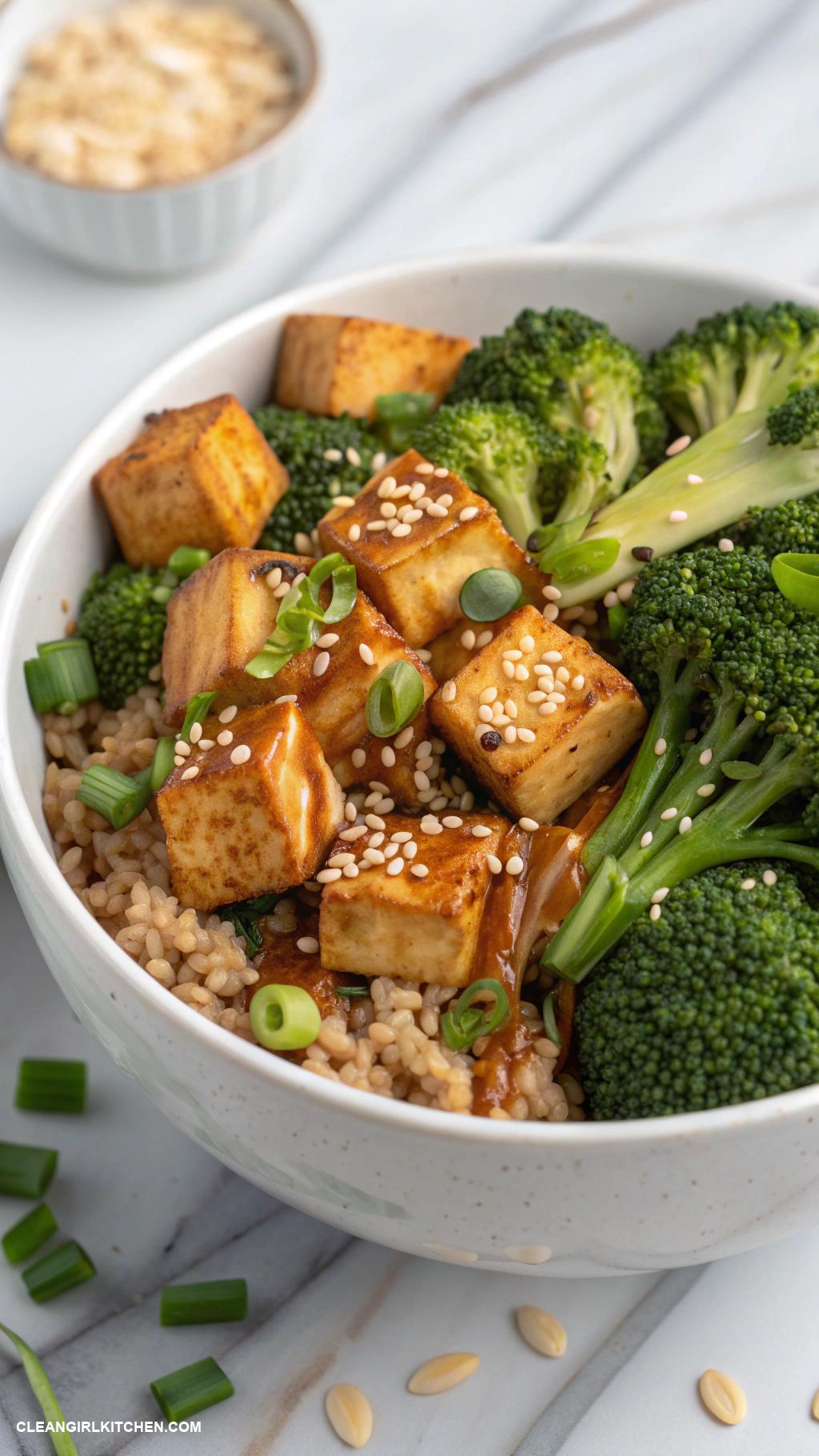high protein lunch Tofu and broccoli bowl with sesame sauce and brown rice