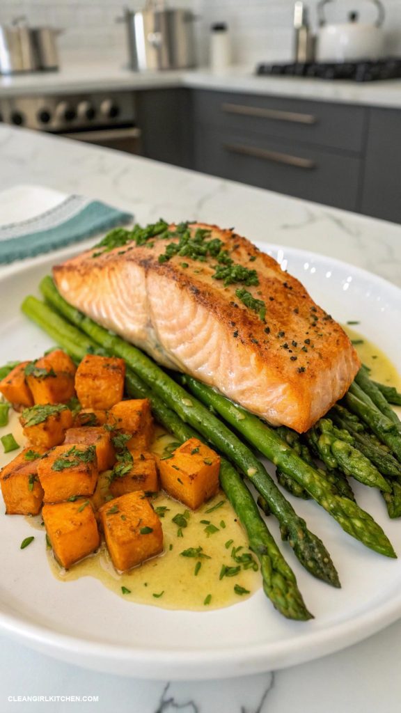 quick healthy dinner Baked salmon with asparagus and sweet potato