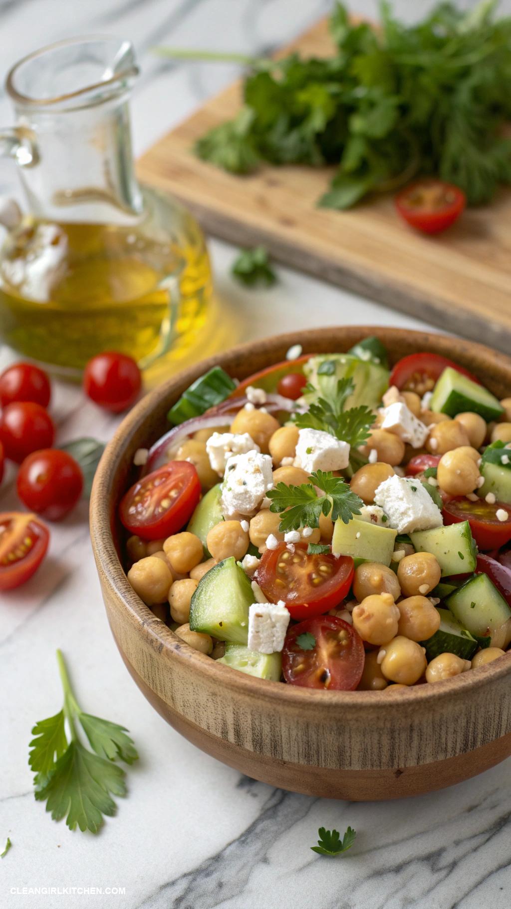 quick healthy dinner Chickpea salad with cucumbers tomatoes and feta cheese