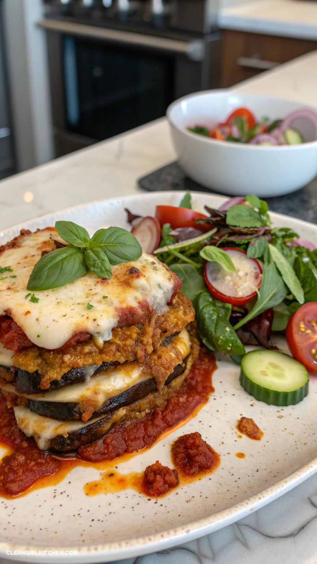 quick healthy dinner Eggplant Parmesan with a side salad