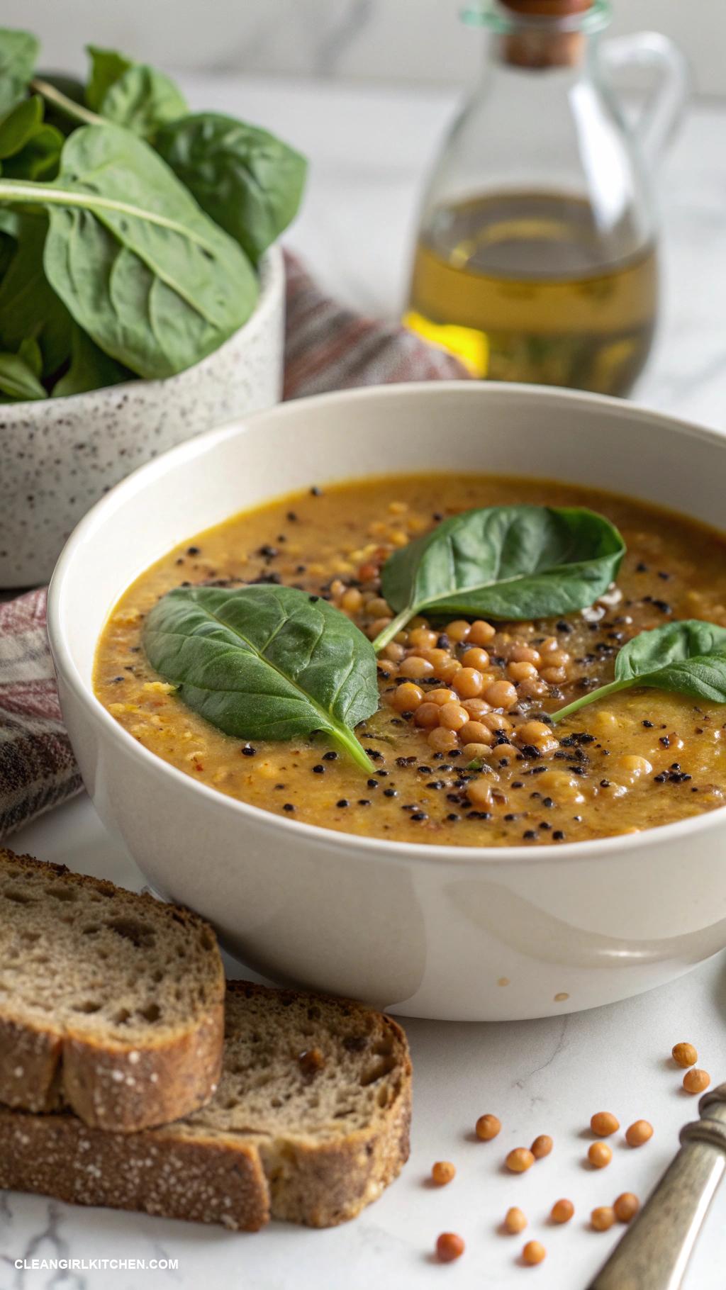 quick healthy dinner Lentil soup with spinach and whole grain bread