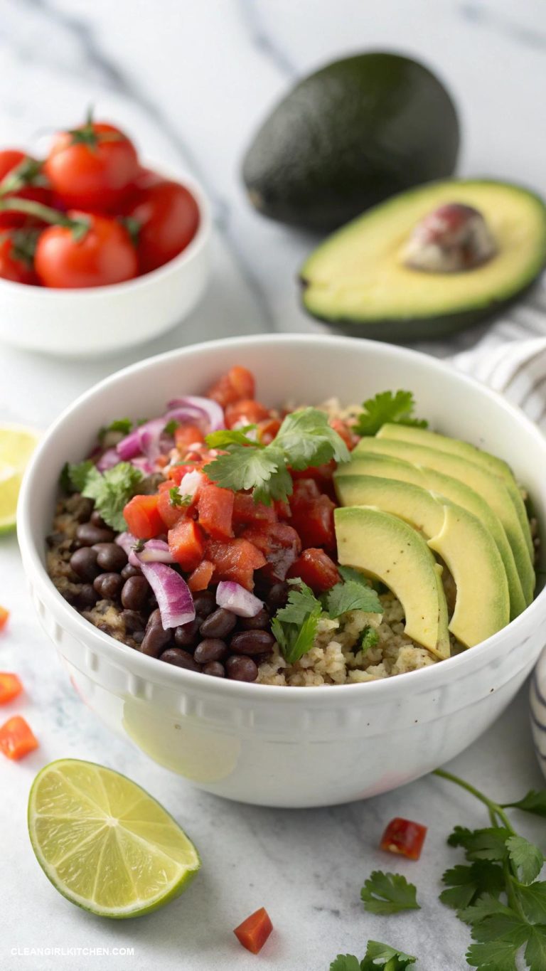 quick healthy dinner Quinoa and black bean bowl topped with avocado and salsa