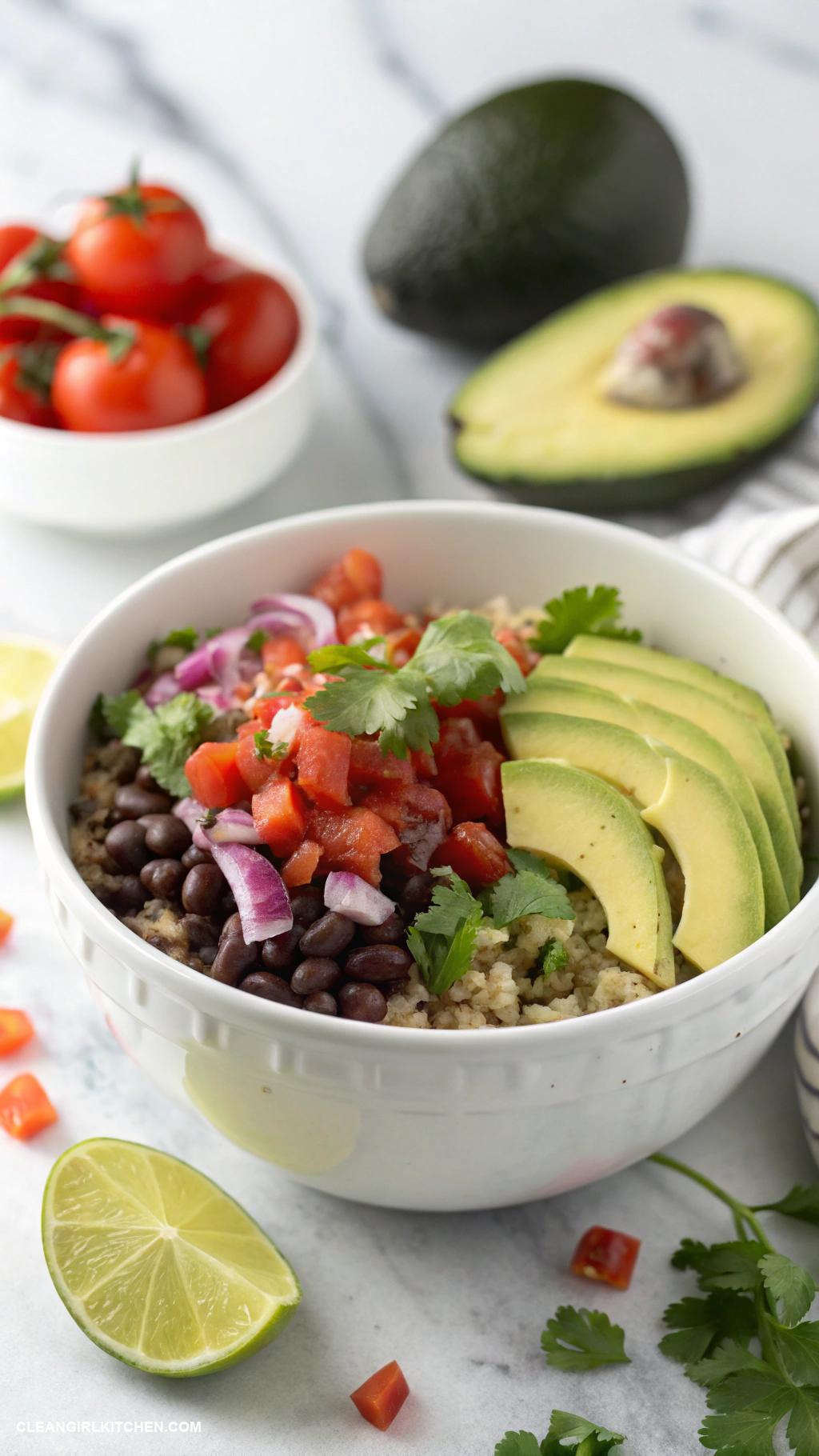 quick healthy dinner Quinoa and black bean bowl topped with avocado and salsa