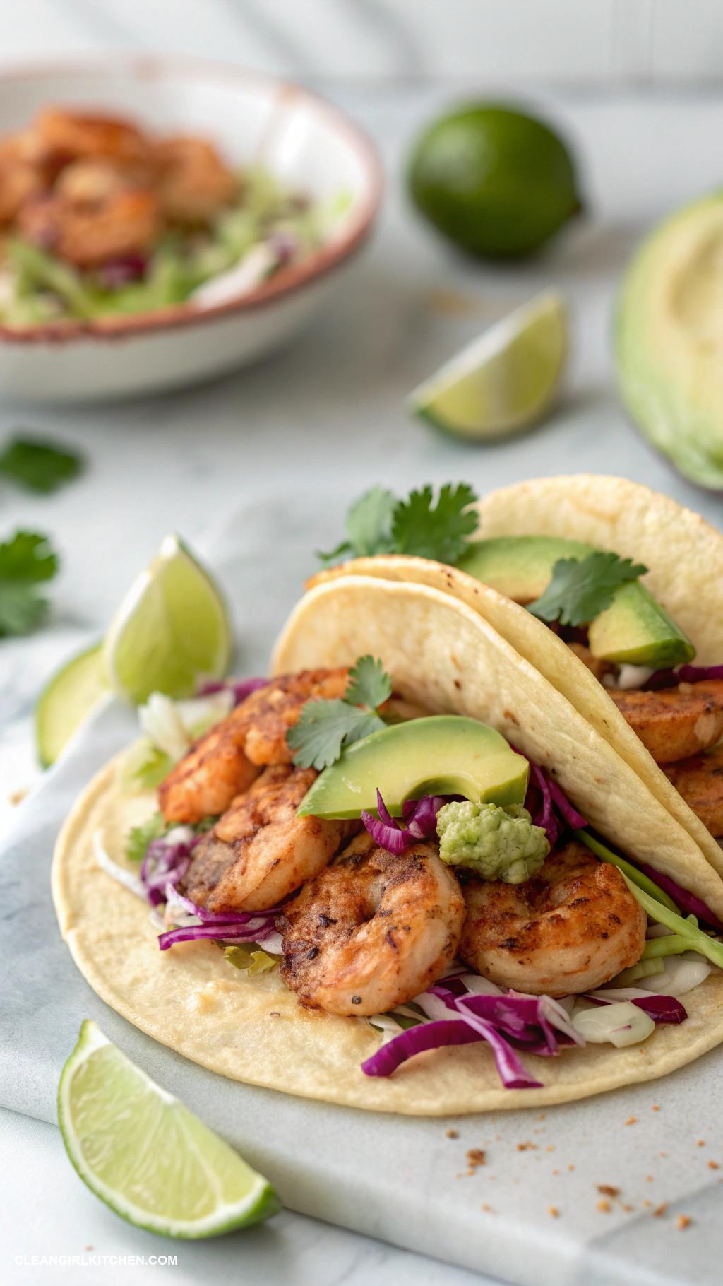 quick healthy dinner Shrimp tacos with cabbage slaw and avocado