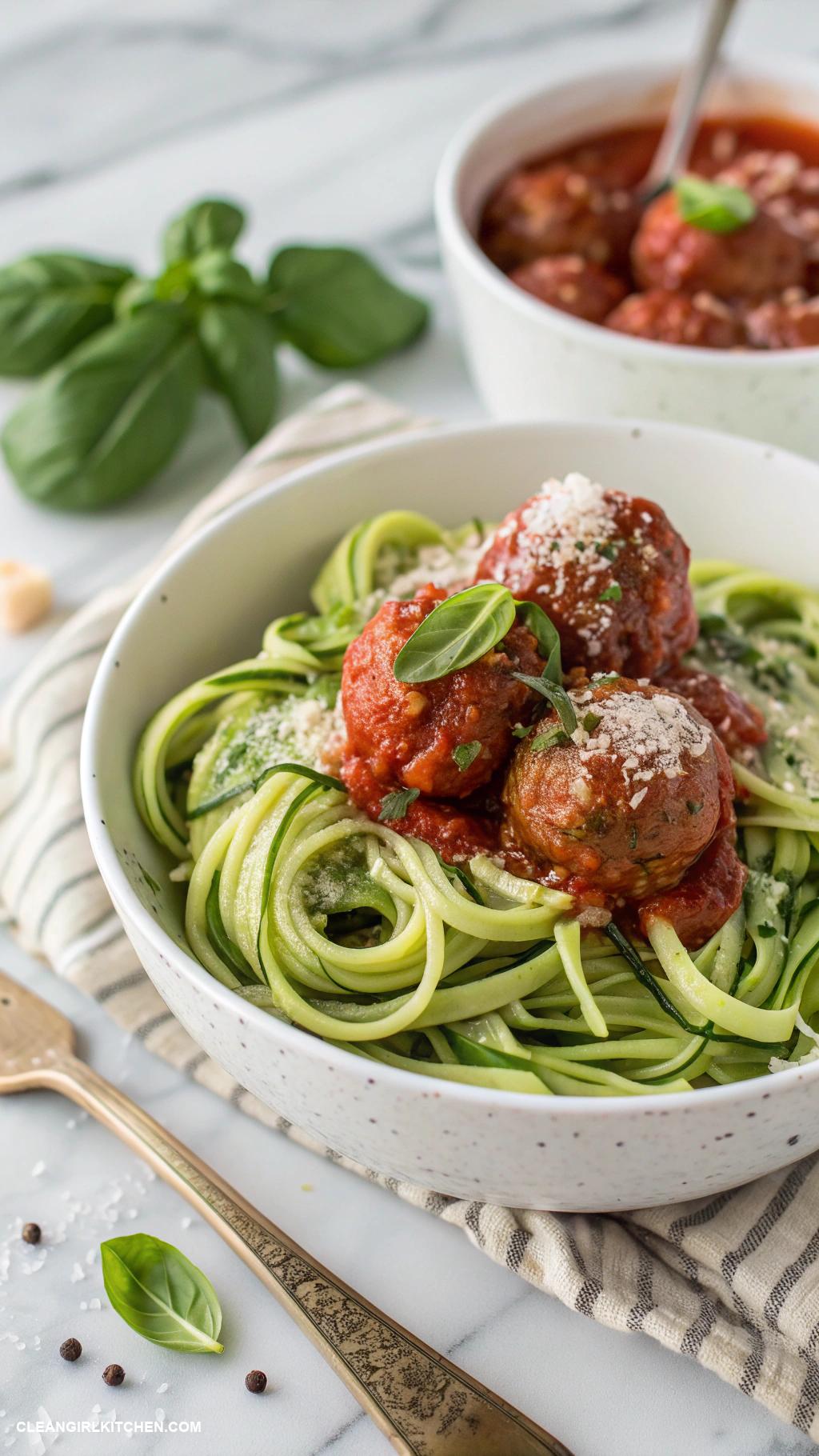 quick healthy dinner Zucchini noodles with marinara sauce and turkey meatballs