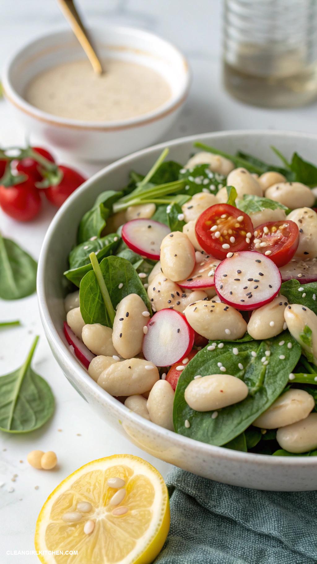 bean salad recipes White Bean and Spinach Salad with Lemon Tahini Dressing