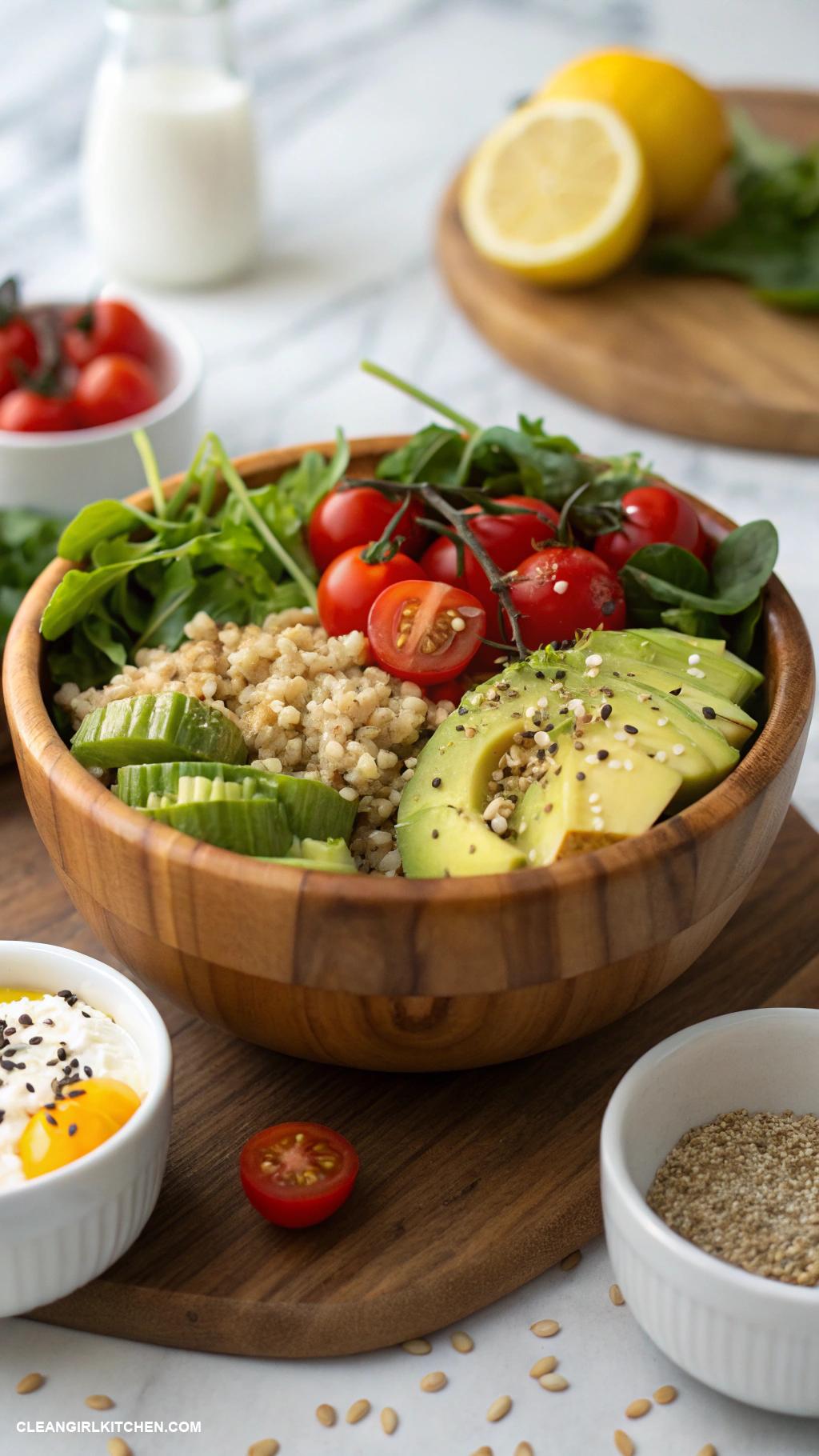 buddha bowls Barley Buddha Bowl with Mixed Greens Cherry Tomatoes and Avocado Drizzle