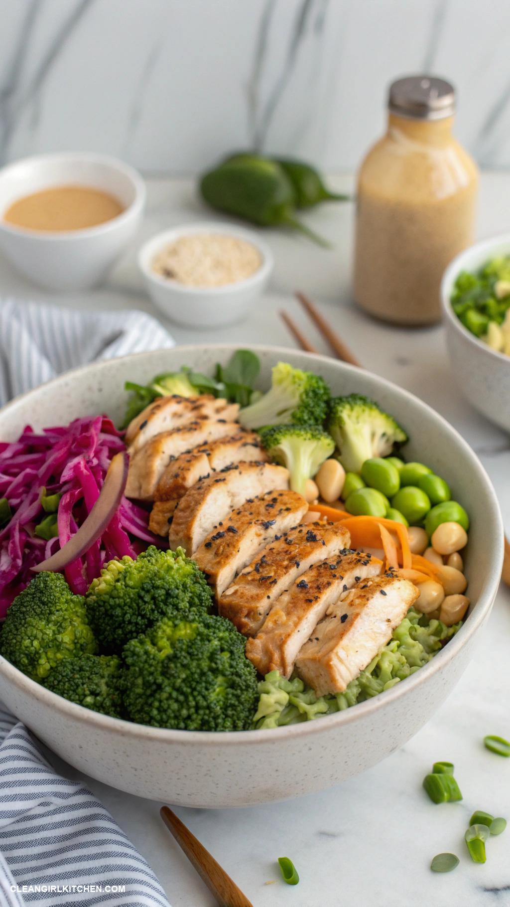 buddha bowls Cauliflower Rice Buddha Bowl with Grilled Chicken Broccoli and Peanut Sauce