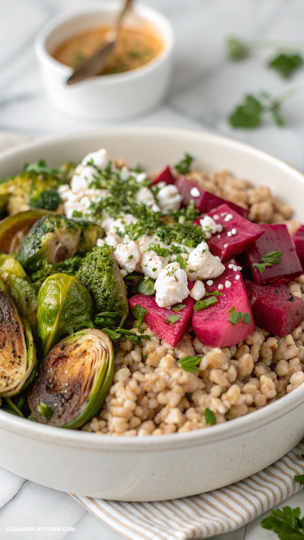 buddha bowls Farro Buddha Bowl with Roasted Brussels Sprouts Beets and Feta Cheese