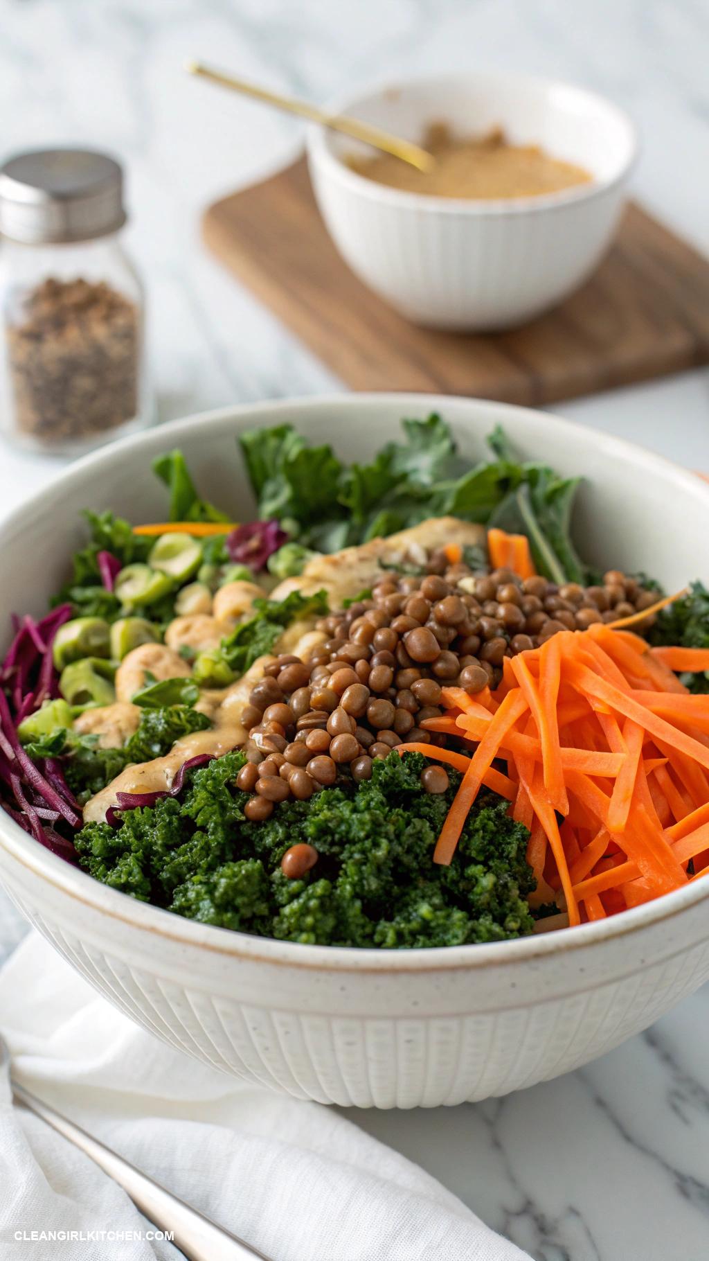 buddha bowls Lentil Buddha Bowl with Kale Carrots and Ginger Sesame Dressing