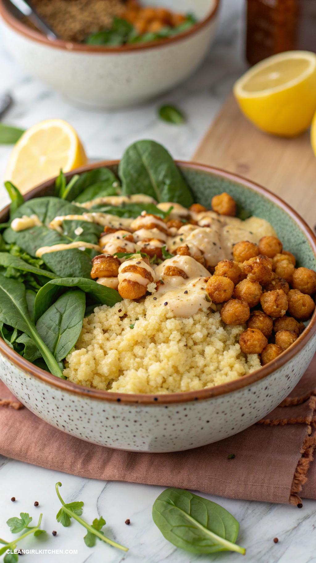 buddha bowls Millet Buddha Bowl with Spinach Roasted Chickpeas and Lemon Tahini Sauce