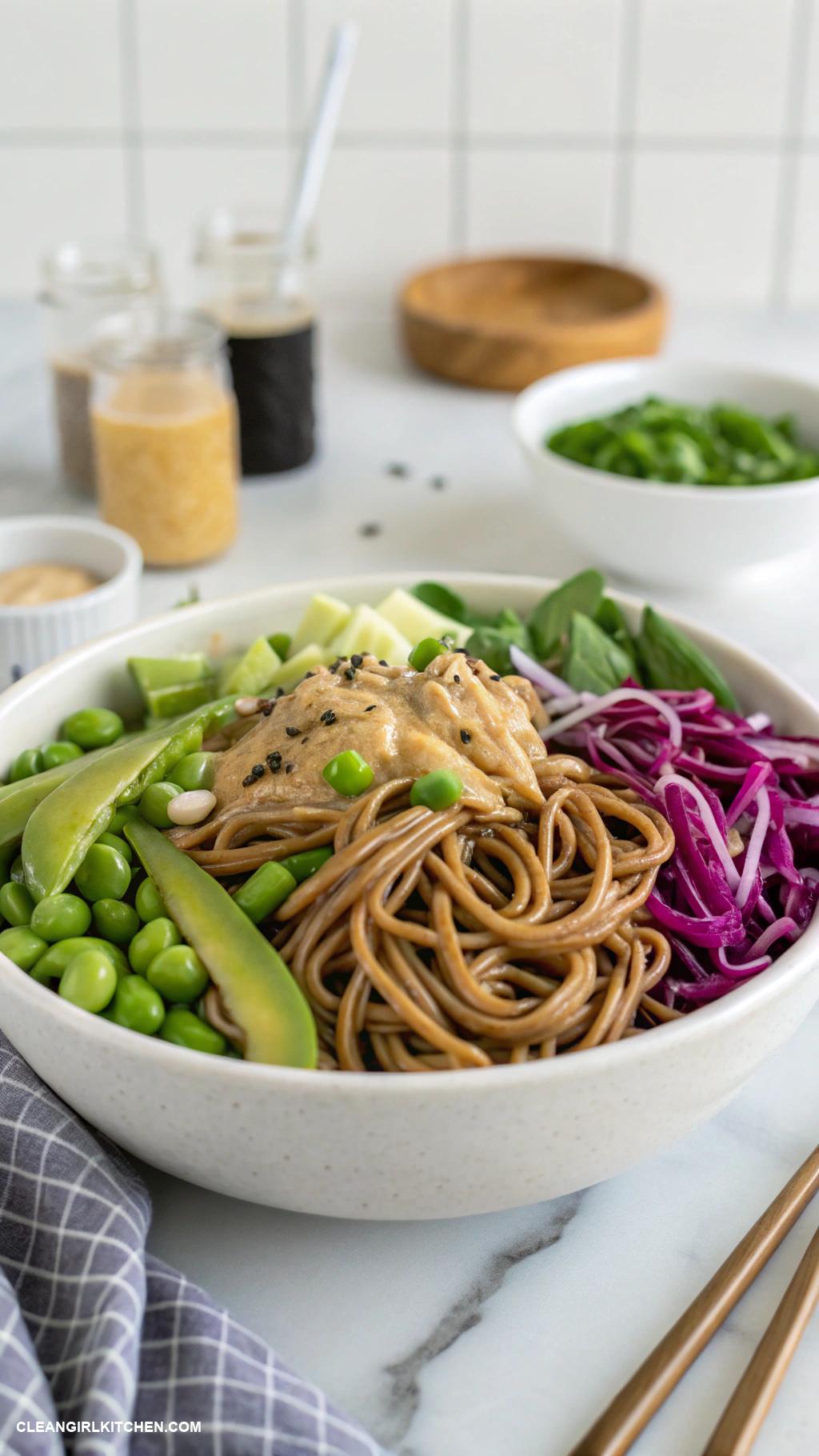 buddha bowls Soba Noodle Buddha Bowl with Snap Peas Cabbage and Miso Dressing